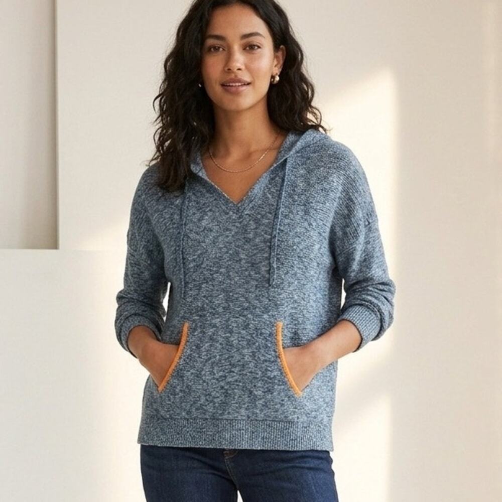 J.Crew Marled Blue V-Neck Pullover Hoodie Knit Sweater Orange Trim Women's XL